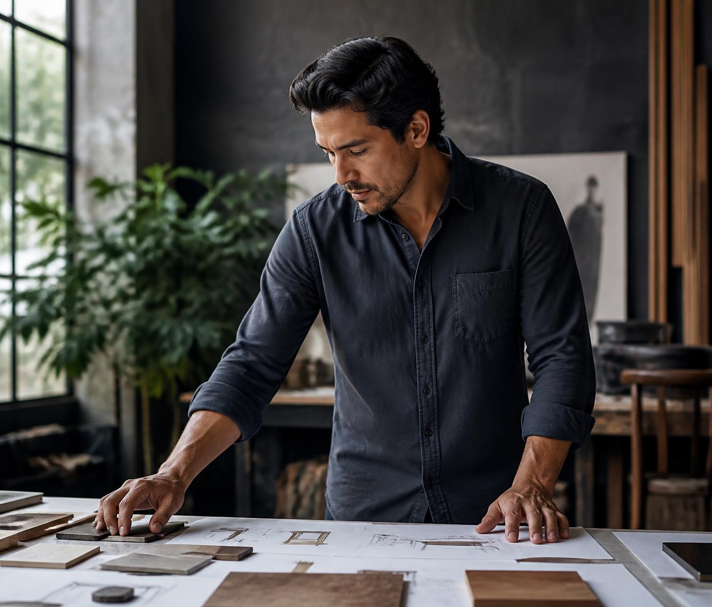Entrepreneur reviewing materials in his design studio
